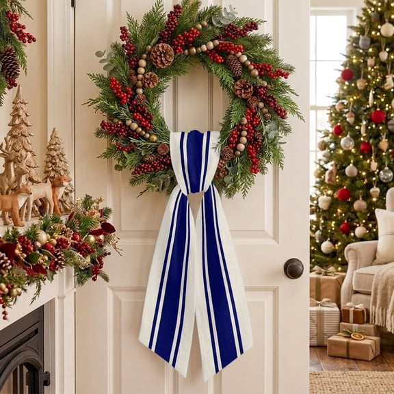 Merry Christmas Wreath Sash for Front Door, Dark Blue Stripes Geometric Pattern Modern Themed Sash for Wreath, Home Decor Wall Window Porch Decoration Indoor Outdoor 4.5'' x 56''