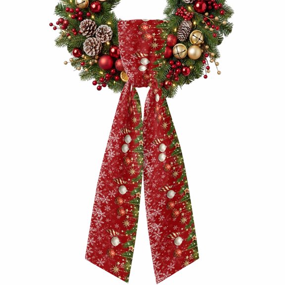 Merry Christmas Wreath Sash for Front Door Festive Baubles Pine Garland Snowflakes Red Ribbon Sash, Winter Holiday Wreath Accessories for Yard Porch Doorway Decor , Indoor Outdoor, 4.9 x 56 Inches