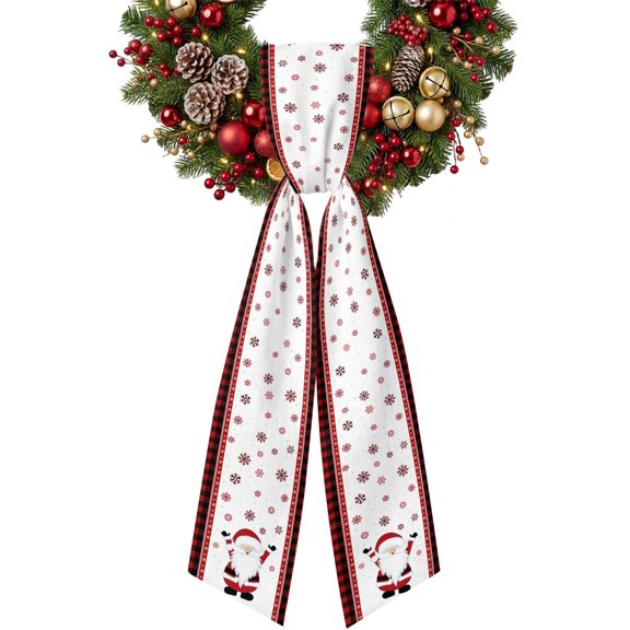 Merry Christmas Wreath Sash for Front Door, Gnome Elf Santa Claus Check Plaid Border Satin Wreath Ribbon Bow Accessory Garland Home Decor for Doorway Porch Yard 4.5x56