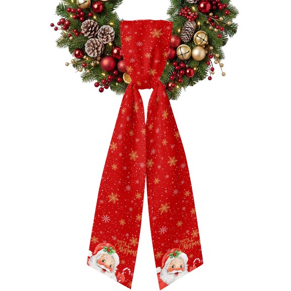 Merry Christmas Wreath Sash for Front Door Red Santa Claus Poinsettia Winter Snowflake Ribbon Sash, Winter Holiday Wreath Accessories for Yard Porch Doorway Decor , Indoor Outdoor, 4.9 x 56 Inches