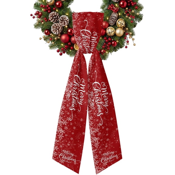 Merry Christmas Wreath Sash for Front Door Traditional Festive Snowflakes Sparkles Red Ribbon Sash, Winter Holiday Wreath Accessories for Yard Porch Doorway Decor , Indoor Outdoor, 4.9 x 56 Inches