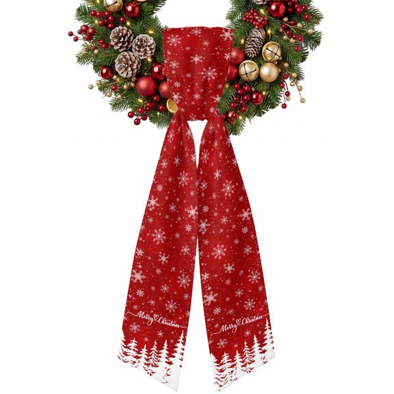 Merry Christmas Wreath Sash for Front Door Winter Red Snowflake Forest Pine Tree Silhouette Ribbon Sash, Winter Holiday Wreath Accessories for Yard Porch Doorway Decor , 4.9 x 56 Inches