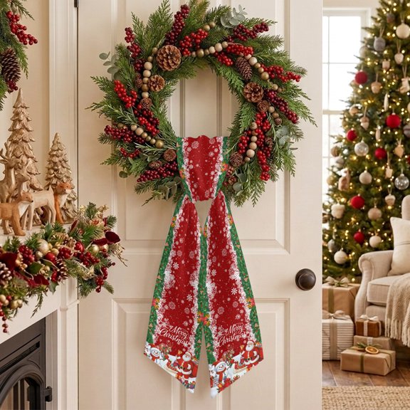 Merry Christmas Wreath Sash for Front Door, Xmas Santa Elk Snowman Gifts Bell Winter Snowflake Red Sash for Wreath, Home Decor Wall Window Porch Decoration Indoor Outdoor 4.5'' x 56''