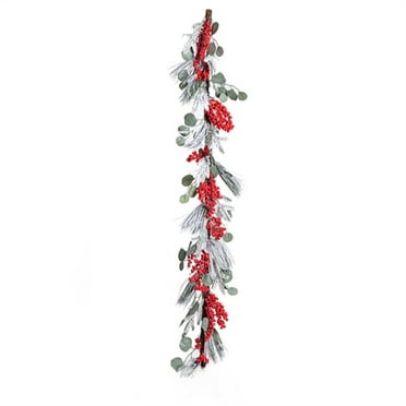 Merry Christmas Wreath Snow Flocked Red Berry Wreath Artificial Garland with Green Leaves for Front Door Fireplace Decor Christmas Swag/Garland/Wreath