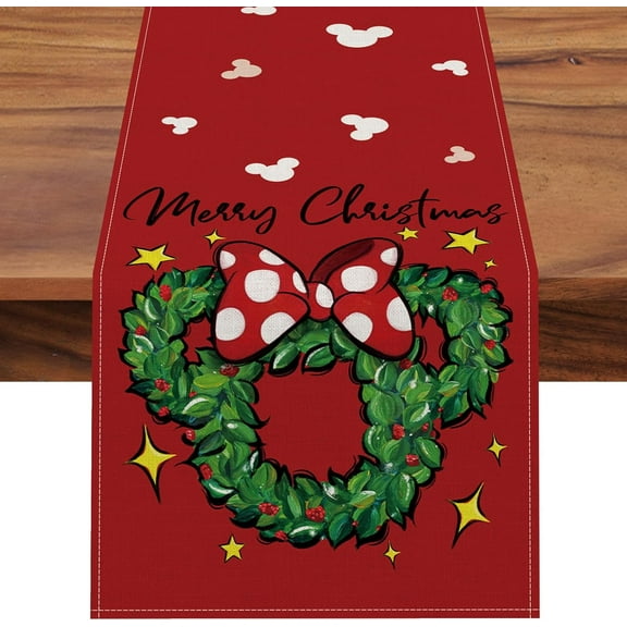 Merry Christmas Wreath Table Runner, Xmas Red Polka Dot Bow Stars Kitchen Dining Table Decor, Winter Holiday Farmhouse Home Decoration Indoor Outdoor Party Supply 13 x 36 Inches