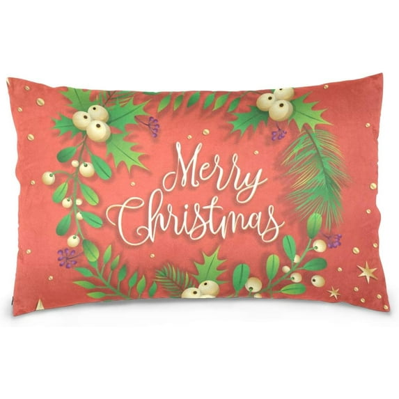 Merry Christmas with Wreath Velvet Oblong Lumbar Plush Throw Pillow Cover/Shams Cushion Case - 20x26in - Decorative Invisible Zipper Design for Couch Sofa Pillowcase Only