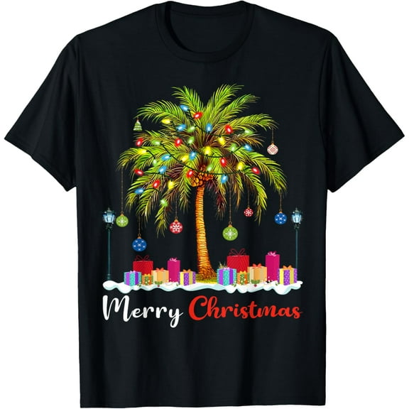 Merry Christmas Xmas Palm Tree Light Hawaiian Tropical T-Shirt Tops Tee