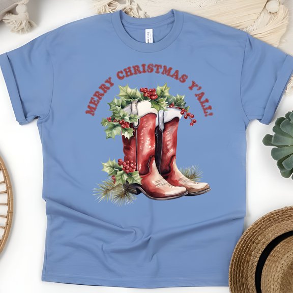 Merry Christmas Y’all Cowboy Boots T-Shirt | Western Holiday Tee, CarolinaBlue, Size S
