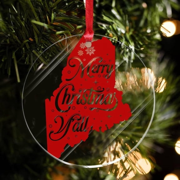 Merry Christmas Y'all Maine Ornament, Personalized State Map Ornament, Round Acrylic Christmas Tree Keepsake, USA Holiday Souvenir Decoration