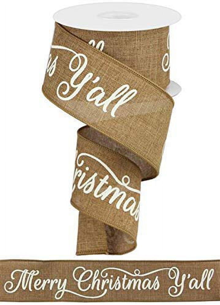 Merry Christmas Y'all Wired Ribbon 2 1/2" x 10 Yards, Tan and Cream