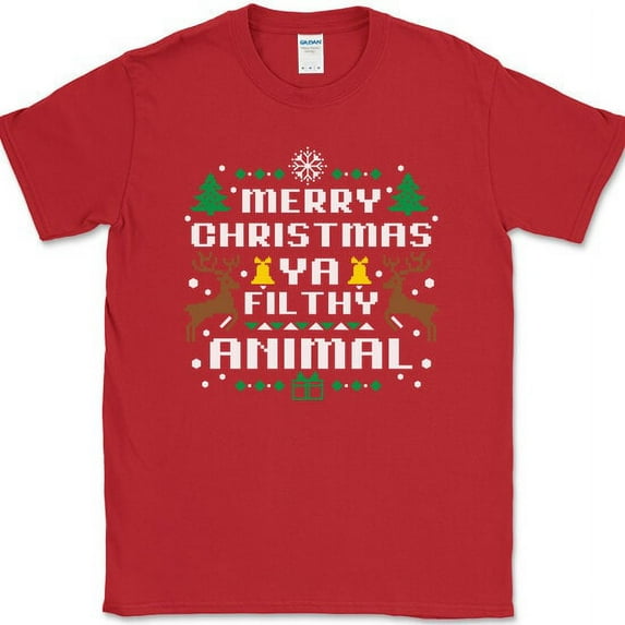 Merry Christmas Ya Filthy Animal T-Shirt Funny Holiday Movie Xmas Sweater Tee - Red, M