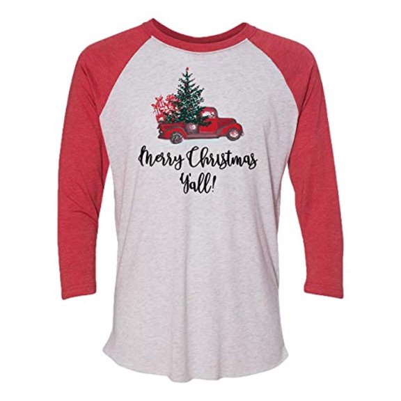 Merry Christmas Ya'll! Ladies Adult Baseball Tee-Red-Small
