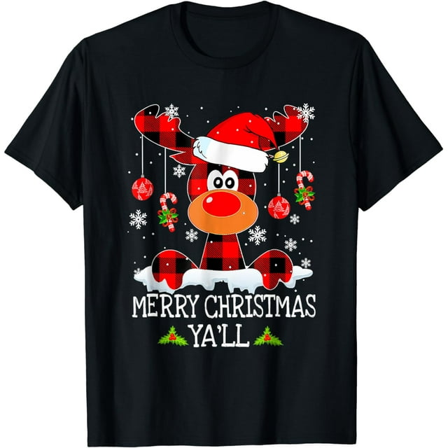 Merry Christmas Ya'll Reindeer Santa Hat Buffalo Red Plaid T-Shirt ...