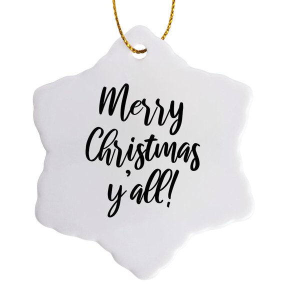 3drose, Merry Christmas Yall. Black Script on a White Background., 3 inch Snowflake Porcelain Ornament