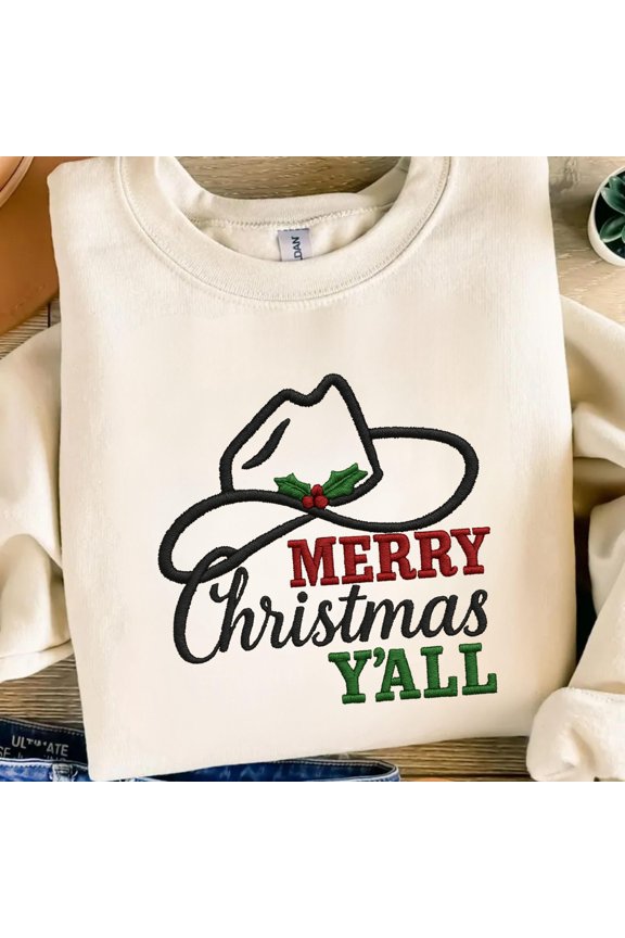 Merry Christmas Yall Cowboy Hat Embroidery File Western Holiday Machine Embroidery Design Rustic Country Christmas Digital Pattern