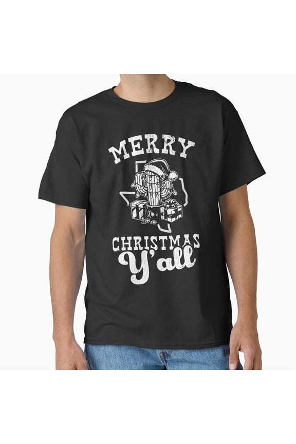 Merry Christmas Yall Funny Western Texas Christmas Cactus Holiday Unisex T-Shirt, for men & women, up to size 5XL