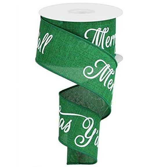 Merry Christmas Yall Seasonal Print Wired Ribbon White On Emerald Green (10 Yards x 2.5 Inches)