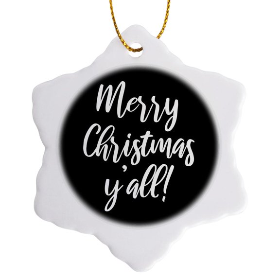 3drose, Merry Christmas Yall. White Script on a Black Background., 3 inch Snowflake Porcelain Ornament