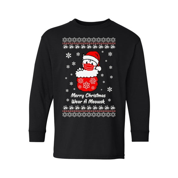 Merry Christmas Youth Long Sleeve Shirt Wear a Meowsk Cute Kitty Tee Xmas Cat in Mask Shirts Funny Christmas Youth Top for Boys Girls Cat Lover