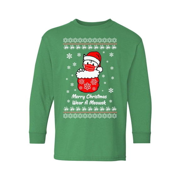 Merry Christmas Youth Long Sleeve Shirt Wear a Meowsk Cute Kitty Tee Xmas Cat in Mask Shirts Funny Christmas Youth Top for Boys Girls Cat Lover