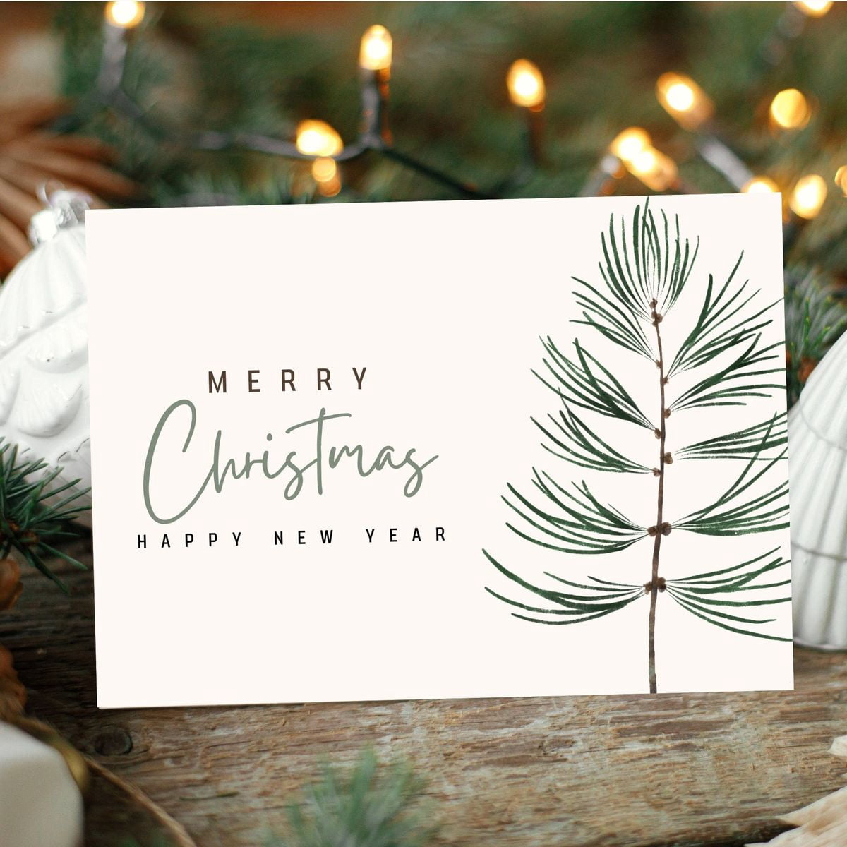 Merry Christmas and Happy New Year Card - Elegant Pine Branch Design ...