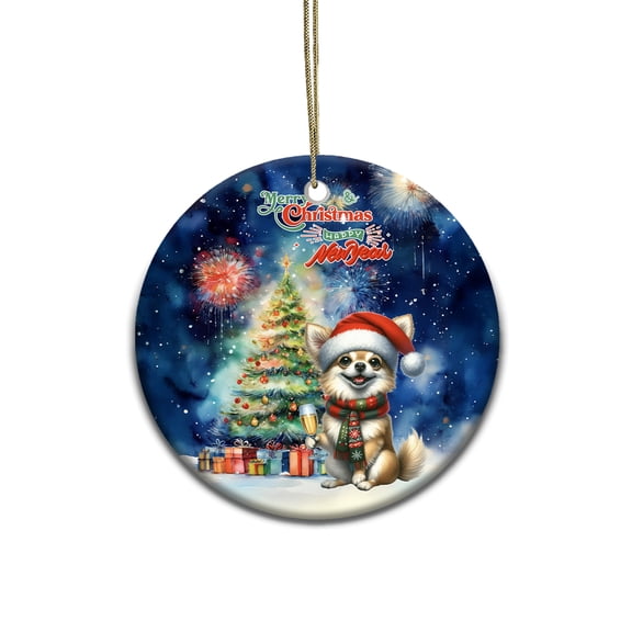 Merry Christmas and Happy New Year Santa Chihuahua Holiday Xmas Winter 2025 Ceramic Round Ornament Dog Lover Gifts Idea Home Tree Decor - 00024