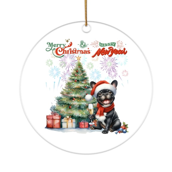 Merry Christmas and Happy New Year Santa French Bulldog Holiday Xmas Winter 2025 Acrylic Round Ornament Dog Lover Gifts Home Tree Decor - 00024
