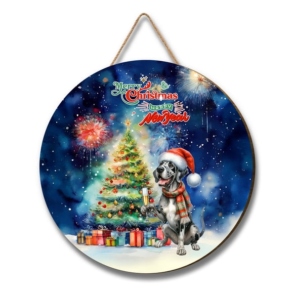 Merry Christmas and Happy New Year Santa Great Dane Holiday Xmas Winter Round Wood Sign Danes Dog Lover Gifts Hanging Wall Home Decor - 00024