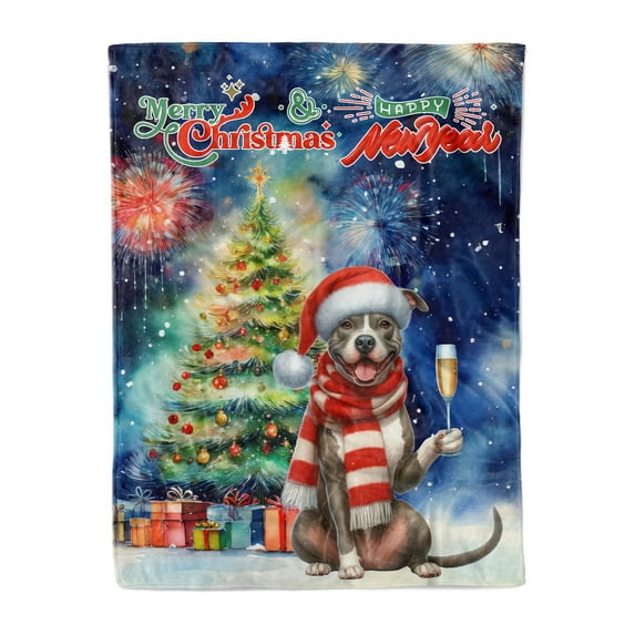 Merry Christmas and Happy New Year Santa Pitbull Holiday Xmas Winter 2025 Cozy Fleece Blanket Terrier Dog Lover Warm Soft Throw Blanket - 00024