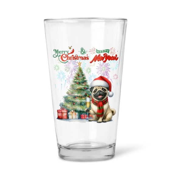 Merry Christmas and Happy New Year Santa Pug Holiday Xmas Winter 2025 16oz Pint Beer Glass Mug Dog Lover Gifts Beer Glasses Cup - 00024