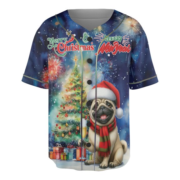 Merry Christmas and Happy New Year Santa Pug Holiday Xmas Winter All Over Print 3D Baseball Shirt Dog Lover Gifts Softball Sport - 00024