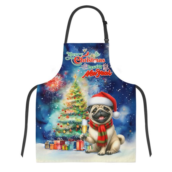 Merry Christmas and Happy New Year Santa Pug Holiday Xmas Winter Apron Dog Lover Gifts for Cooking Grilling Baking Painting Gardening - 00024
