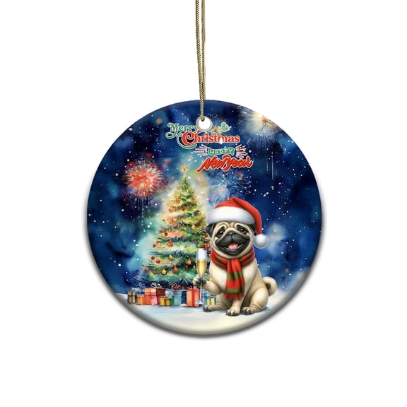 Merry Christmas and Happy New Year Santa Pug Holiday Xmas Winter 2025 Ceramic Round Ornament Dog Lover Gifts Home Tree Decor - 00024