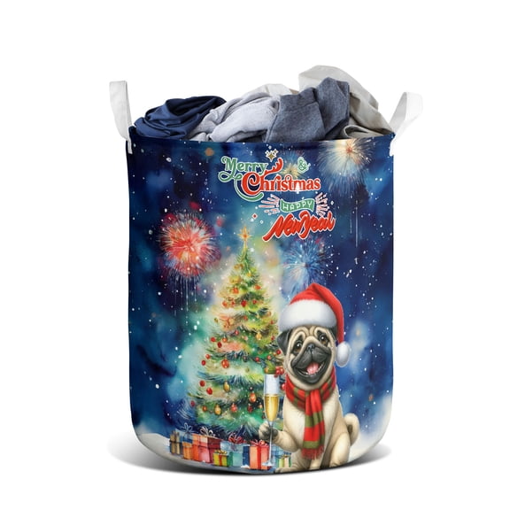 Merry Christmas and Happy New Year Santa Pug Holiday Xmas Winter 2025 Foldable Laundry Basket Dog Lover Gifts Organizer Storage with Handles - 00024