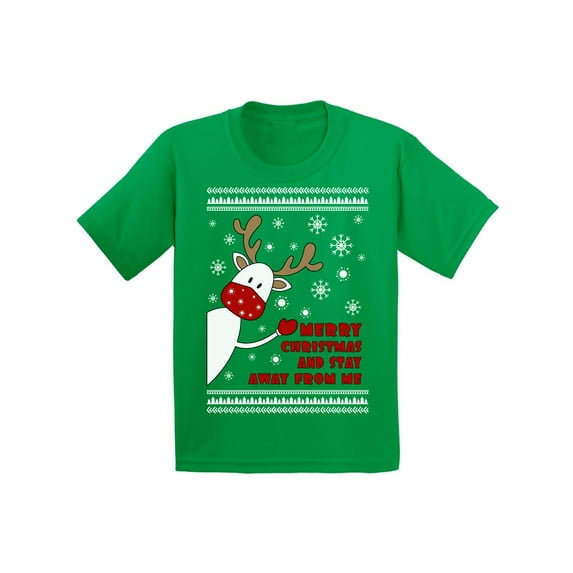 Merry Christmas and Stay Away from Me T-Shirt for Kids Funny Reindeer Youth Tee for Boys Shirt for Girls Happy Holiday Santa Gifts Deer in Mask Xmas