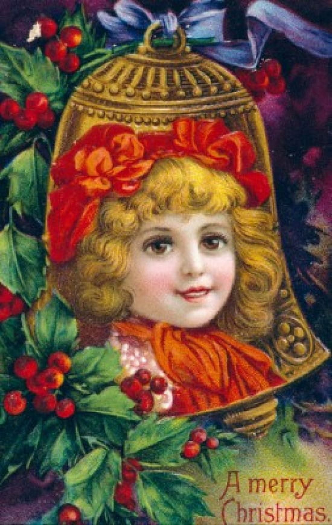 Merry Christmas color lithograph Nostalgia Cards Canvas Art - (18 x 24)