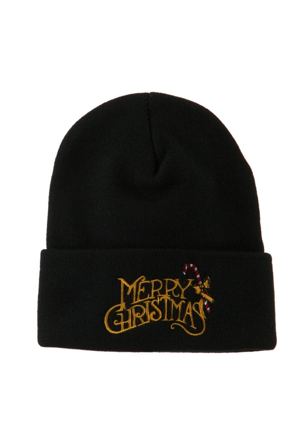 Merry Christmas with Candy Cane Embroidered Long Beanie - Black OSFM