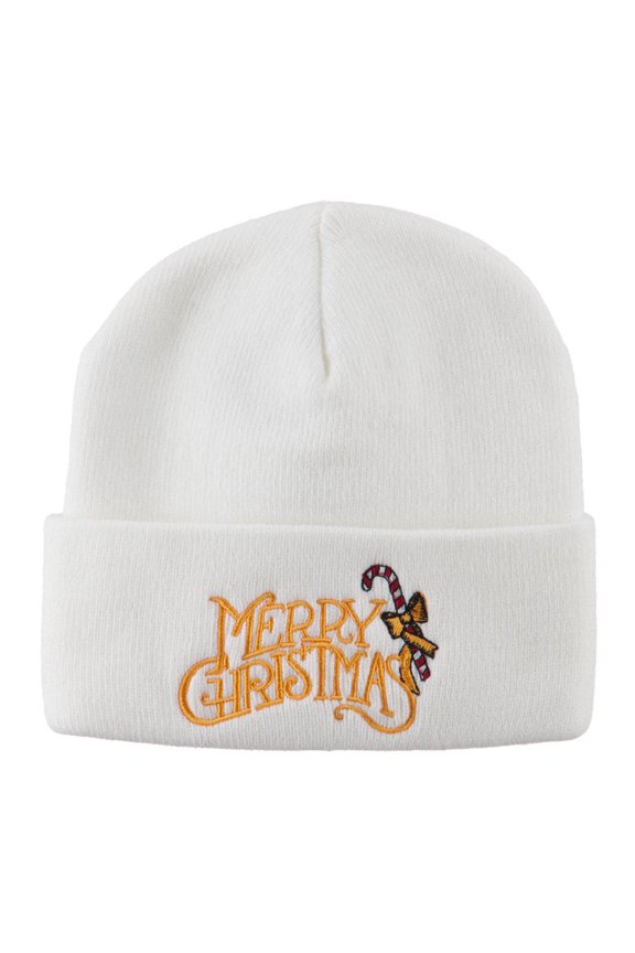 Merry Christmas with Candy Cane Embroidered Long Beanie - White OSFM