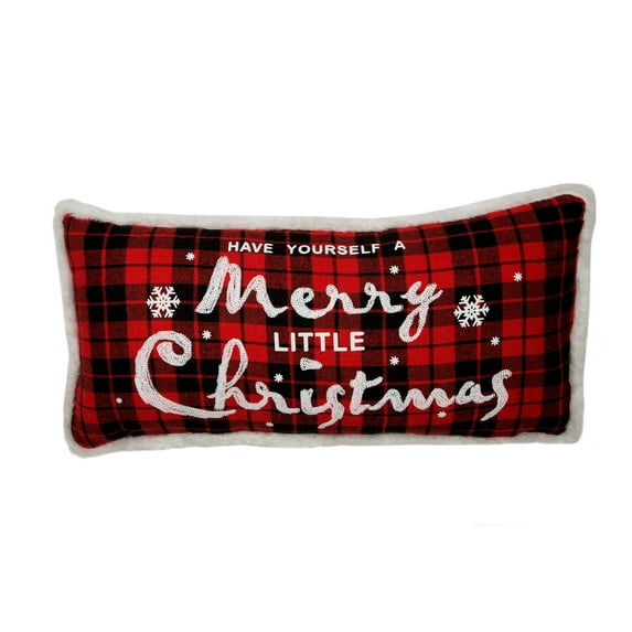 Merry Christmas with Faux Fur Trim Christmas Check Pillow, 10 by 20-Inch