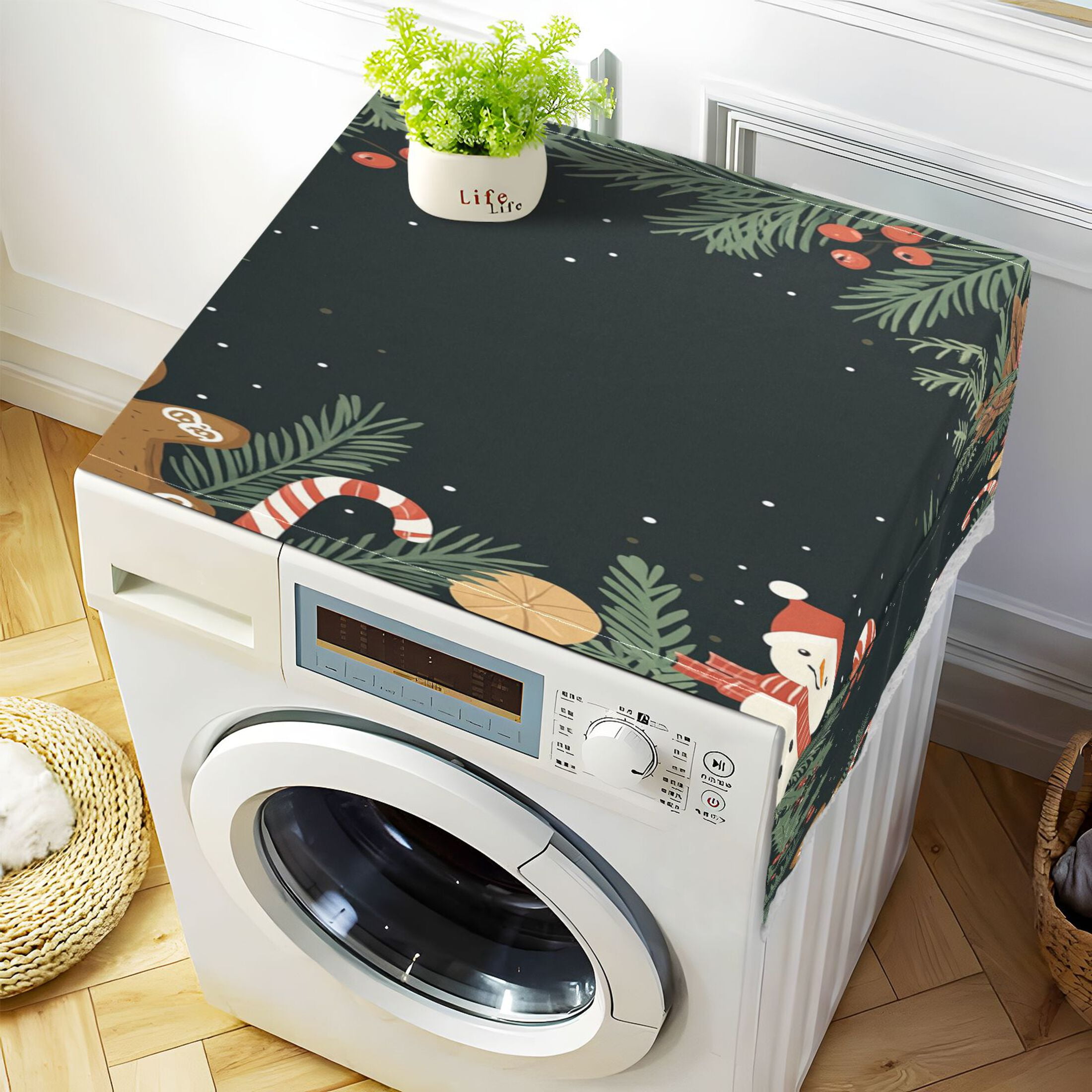 Merry ChristmasWasher and Dryer Covers Dust-Proof and Oil Resistant Fridge Cover with 4 Storage Pockets Washing Machine Top Cover for Laundry Kitchen Home 51.2 x 22 In