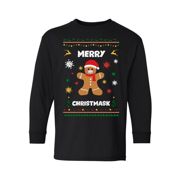 Merry Christmask Kids Long Sleeve Shirt Girls Boys Funny Gingerbread T-Shirt Youth Holiday Gifts Merry Xmas Gingerbread in Mask Santa Christmas