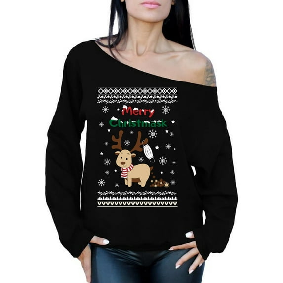 Merry Christmask Sweater Deer Top Xmas Gifts Happy Holidays Off Shoulder Women Sweater Xmas 2020 Outfit Cute Reindeer Sweater Christmas Sweatshirt for Ladies Merry Christmas Sweater