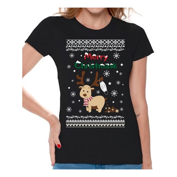 Merry Christmask Women T Shirts Happy Holidays Shirt for Women Funny Deer Top Xmas Gifts Xmas 2020 Outfit Cute Reindeer Shirt for Women Christmas Tee for Her Merry Christmas T-Shirt