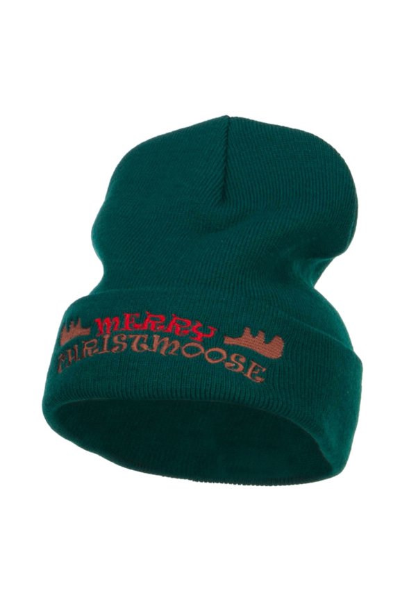 Merry Christmoose Embroidered Long Beanie - Dk Green OSFM