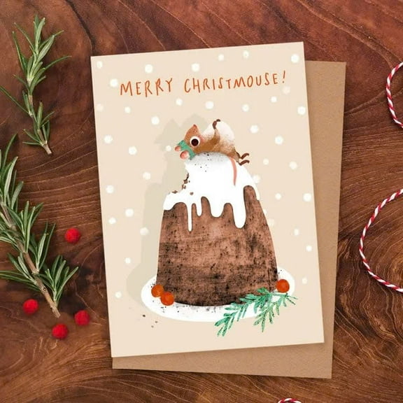 Merry Christmouse Greeting Card  Cute Cartoon Squeaky Mouse on Christmas Pudding  Blank Inside with Envelope  Perfect for Holiday Greetings and Festive Cheers