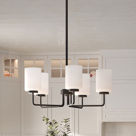 Merry Collection Five-Light Matte Black and Etched Glass Transitional Style Chandelier Light