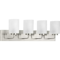 Merry Collection Four-Light Brushed Nickel and Etched Glass Transitional Style Bath Vanity Wall Light