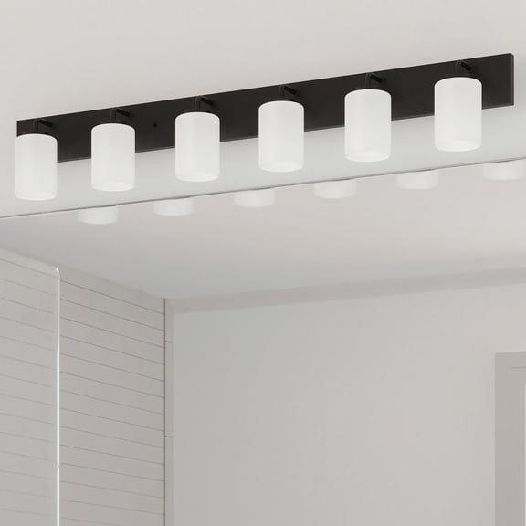 Merry Collection Six-Light Matte Black and Etched Glass Transitional Style Bath Vanity Wall Light