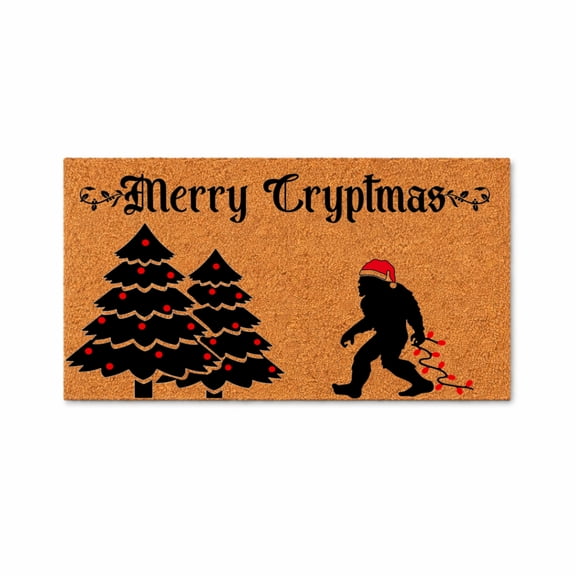 Merry Cryptmas Doormat, Bigfoot Santa Hat Design, Funny Christmas Front Door Mat, Winter Porch Decor, Xmas Gift Idea 5157 (18x30 inches) 5157