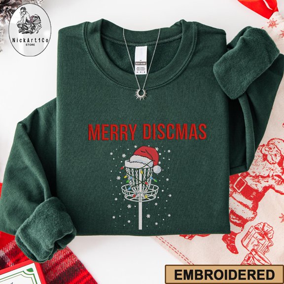 Merry Discmas Embroidered Sweatshirt, Funny Disc Golf Christmas Shirt, Holiday Gift for Disc Golf Lovers, Cozy Winter Crewneck